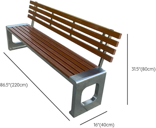 LITFAD Outdoor Indoor Bench Stainless Steel Metal Park Bench with Waterproof Brown Wood Seating Modern Garden Bench for Patio, Lawn, Yard, Porch - Type E 87" L x 16" W x 31" H