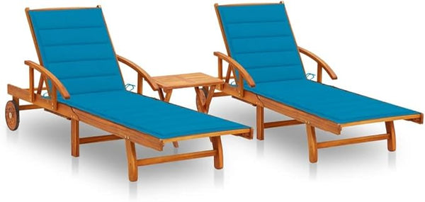 Outdoor Sun Lounger Set with Blue Cushions, Adjustable Acacia Wood Patio Furniture for Balcony Garden - Photo 1