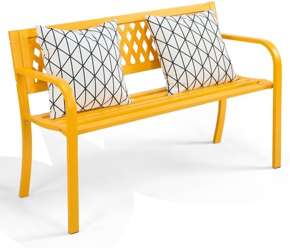 Patio Outdoor Park Loveseat Bench for Garden Porch Deck Made Cast Iron Anti-Rust Aluminum Metal, 2-3 Seater Aluminium Steel (Yellow Mesh)
