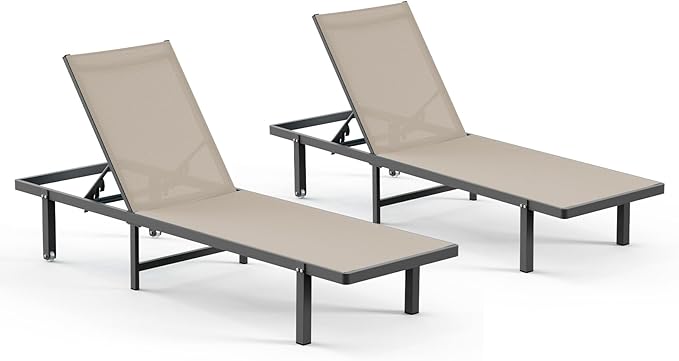 Aluminum Outdoor Lounge Chairs Set of 2, Pool Lounge Chairs with Wheels and 5-Position Recliner -Easy to Move- Patio Chaise Lounge Outdoor for Poolside, Deck, Beach (Khaki)
