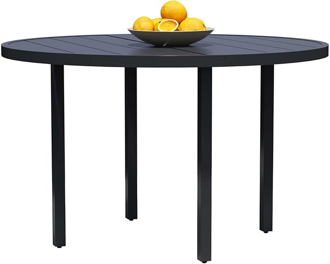 47" Round Patio Dining Table for 6, All-Weather Metal Patio Table with Umbrella Hole, Outdoor Round Dining Table for Lawn Garden Porch, Black