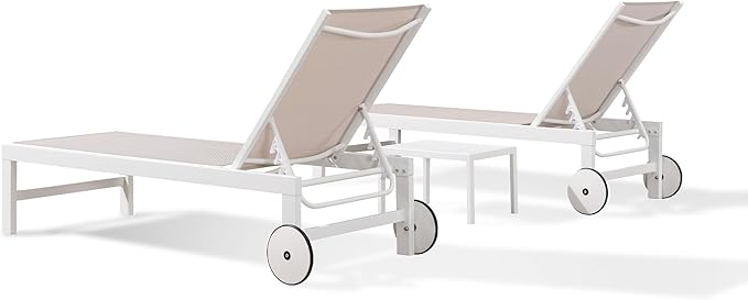 PURPLE LEAF Outdoor Chaise Lounge Chairs Set of 2 White Aluminum Lounge Chair Five-Position Adjustable Chaise with Wheels and Table for Pool Deck Patio, Linen