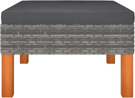 23.6x23.6x12.6 in Grey Poly Rattan Square Outdoor Ottoman, UV-Resistant Footstool for Garden Patio Balcony, Removable Cushion & Eucalyptus Wood Frame, Extra Seat, Lounge Furniture