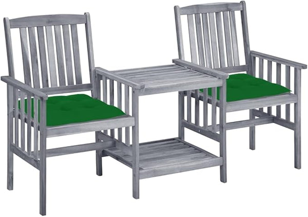 vidaXL Patio Chair Outdoor Chair with Tea Table and Cushions, Acacia Wood, Garden, Patio, Gray/Green, 62.6"x24"x36.2" - Photo 1
