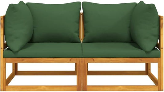 Corner Sofa with Green Cushions, Solid Acacia Wood Frame, Weather-Resistant Outdoor Sectional for Patio, Garden, Backyard Seating