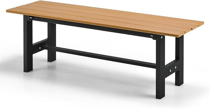 Tangkula 47 Inch HDPE Outdoor Bench Backless, Patio Garden Dining Bench with Slatted Seat & Heavy-duty Metal Frame, 660 LBS Capacity, Weatherproof Outside Bench for Park, Yard, Entryway & Porch, Brown