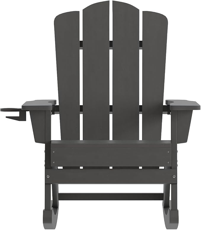 Flash Furniture Newport Adirondack Rocking Chairs with Cup Holder, Weather Resistant Poly Resin Adirondack Rocking Chairs, Set of 2, Gray