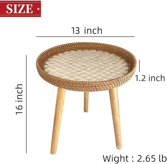 Small Rattan Side Table/Round Coffee Table for Small Spaces, Mini Modern Coffee Table with Shell Design Tray, Outdoor End Tables for Patio, Boho Nightstand for Bedroom or Living Room
