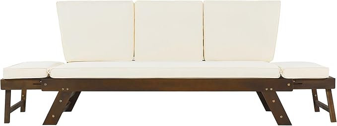 Merax Patio Sofa, Outdoor Adjustable Wooden Daybed, Chaise Lounge with Cushions, Beige