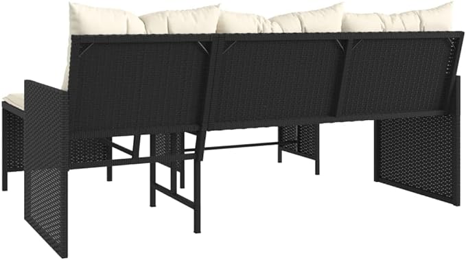 vidaXL L-Shaped Patio Sofa Set - Black Poly Rattan Outdoor Furniture with Acacia Wood Table and Cream White Cushions
