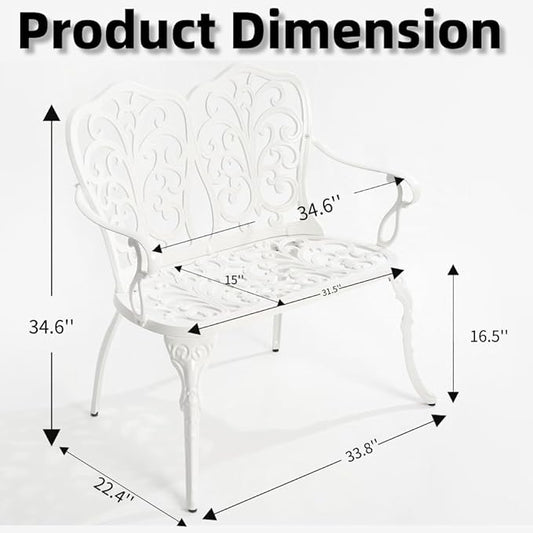 Patio Aluminum Outdoor Bench, Garden Metal Loveseat Furniture, Vintage Carving Antique White Front Porch Chair Seat