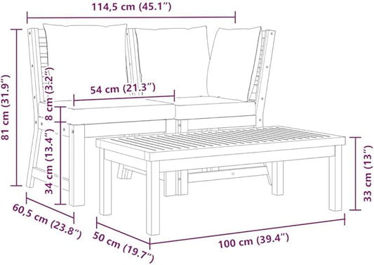 3-Piece Patio Sectional Set, Dark Grey Solid Acacia Wood Outdoor Couch with Coffee Table for Balcony Garden Terrace