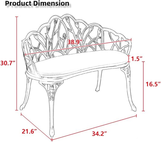 Patio Aluminum Outdoor Bench, Garden Metal Loveseat Furniture with Soft Cushion, Leaf Carving Antique White Front Porch Chair Seat