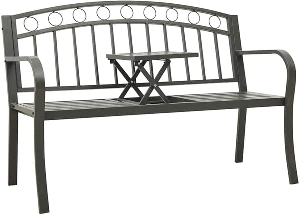 Grey Powder-Coated Steel Garden Bench with Table, Durable Outdoor Seating for Two, Weather-Resistant Patio Furniture, Comfortable Medium Size Design