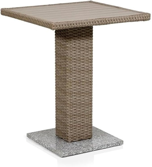 Pemberly Row Outdoor Patio Bistro Table, Natural PE Wicker/Rattan with Granite Base, Weather Resistant, 23.62 in Square, 29.13 in Height, Transitional Style Dining Table for Balcony, Deck or Patio Use