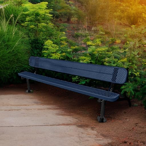 COATEDOUTDOORFURNITURE Coated Outdoor Furniture Heavy-Duty Outdoor Bench Thermoplastic Coated, Expanded Metal, Commercial-Grade Seating, Made in America (Surface with Back, 8 Ft, Textured Dark Blue)