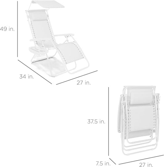 Best Choice Products Folding Zero Gravity Outdoor Recliner Patio Lounge Chair w/Adjustable Canopy Shade, Headrest, Side Accessory Tray, Textilene Mesh - Snow