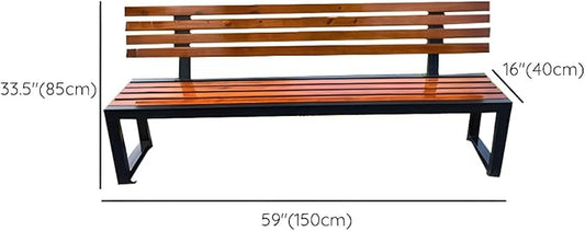 LITFAD Mid-Century Metal Park Bench in Black with Waterproof Wood Seating Gym Rest Bench Patio Bench for Outdoor Use - 59" L x 16" W x 33" H