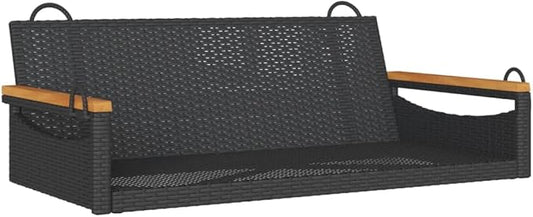 Black PE Rattan Swing Bench with Powder-Coated Steel Frame and Solid Acacia Wood, Outdoor Patio Furniture for Relaxing, Durable Weather-Resistant Hanging Seat for Garden