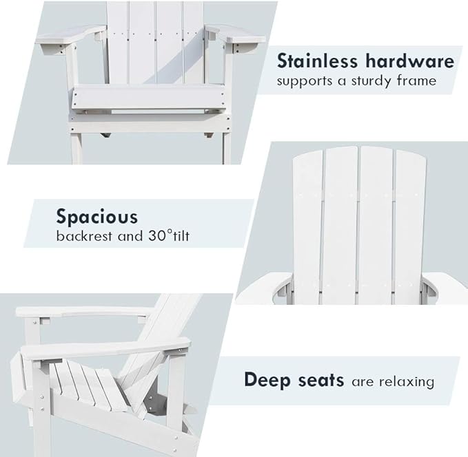 White Outdoor Loungers Set of 2 Adirondack Patio Chair Set for Deck Outside Pool Garden