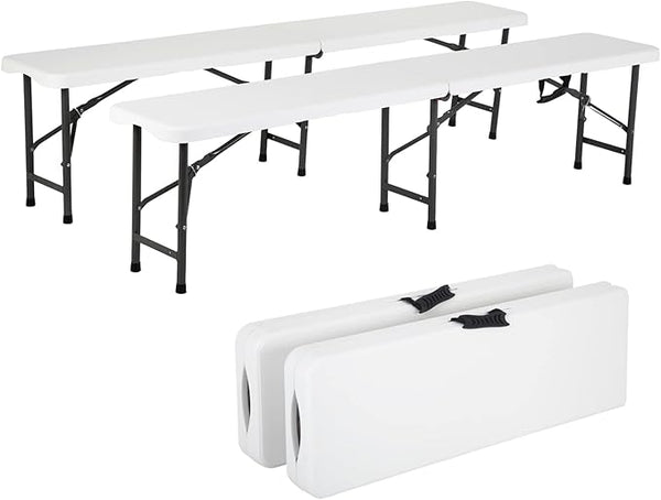 6FT Bench Chair Plastic Folding Bench Plastic Portable Outdoor Bench Garden Bench with Carrying Handle and Lock for Camping Picnic Party Dining 2 Pack White