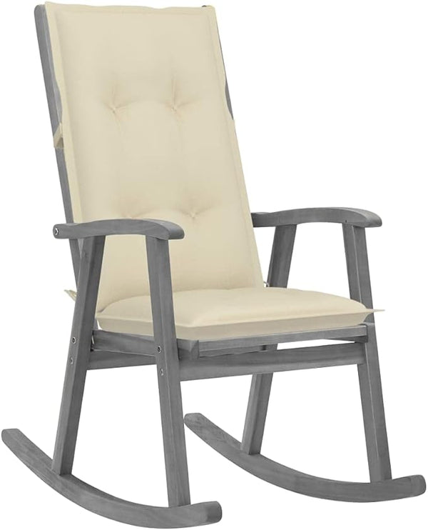Outdoor Rocking Chair with Cream Cushions, Solid Acacia Wood Vintage Rocker, Gray Wash Finish Patio Furniture for Porch - Photo 1