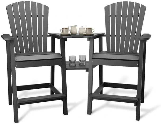GAOMON Tall Adirondack Chairs Set of 2, Recycled HDPE Bar Height Patio Chairs with 2 Removable Connecting Trays & Umbrella Hole, Heavy Duty Outdoor Furniture for Deck, Backyard, Garden, Balcony, Grey