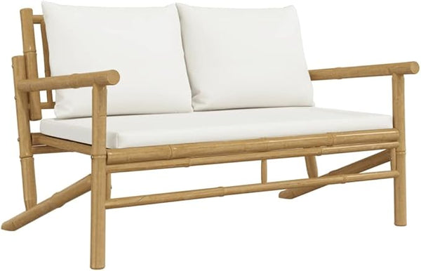 Rustic Bamboo Outdoor Sofa Bench Cream Cushions 45.3 x 29.5 in Weather-Resistant Loveseat for Patio, Balcony - Photo 1