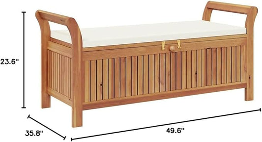 Outdoor Storage Bench with Cushion, Acacia Wood Garden Seat for Patio, Balcony, and Backyard, Weather-Resistant, Spacious Storage Compartment, Easy Assembly