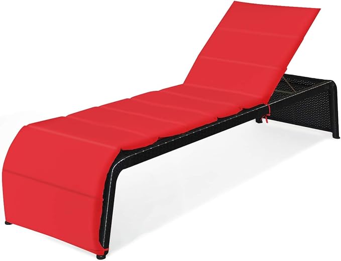Tangkula Outdoor Chaise Lounge Chair, 5-Position Adjustable Rattan Recliner Chair w/Cushioned Seating and Adjustable Feet, Multifunctional Couch Furniture for Garden, Patio, Poolside (1, Red)