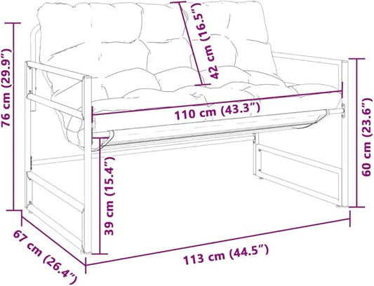 Garden Bench Anthracite Black Powder-Coated Steel Textilene Fabric Outdoor Seating for Two People with 485 lb Capacity and Removable Cushion Cover