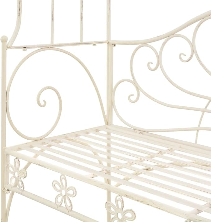 Antique White Wrought Iron Garden Bench for Two, Standard Outdoor Seating with Classic Vintage Style, Durable Patio Furniture for Backyard and Garden