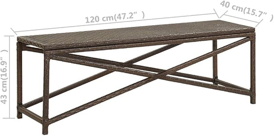 Outdoor Garden Bench 47.2 in Brown Polyethylene Rattan Seating Bench with Powder-Coated Steel Frame for Patio Porch Backyard 2-Person Capacity