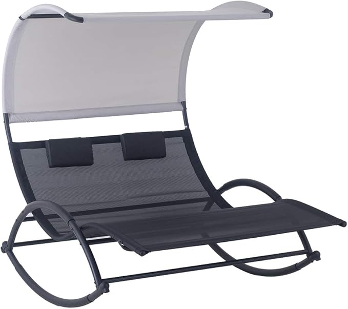 Crestlive Products Outdoor Double Chaise Lounge Chair Swing Rocking Portable Hammock Bed Loveseat with Sun Shade & Wheels for Patio, Yard, Pool (Black)