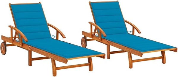 2-Piece Outdoor Lounge Chairs Set with Blue Cushions Solid Acacia Wood Adjustable Reclining Pool Deck Chaise Loungers - Photo 1
