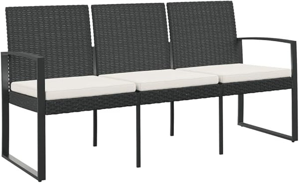 3-Seater Patio Bench with Cushions Black PP Rattan Deck Bench Outdoor Bench Garden Bench Porch Bench for patios, Gardens - Photo 1