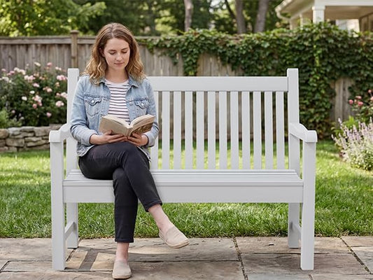 Psilvam 2-Person Poly Lumber Outdoor Bench with 700 Lbs Weight Capacity – Weatherproof Garden Seating for, Balcony Porch & Park, All-Weather Fade-Resistant Patio Furniture (White)
