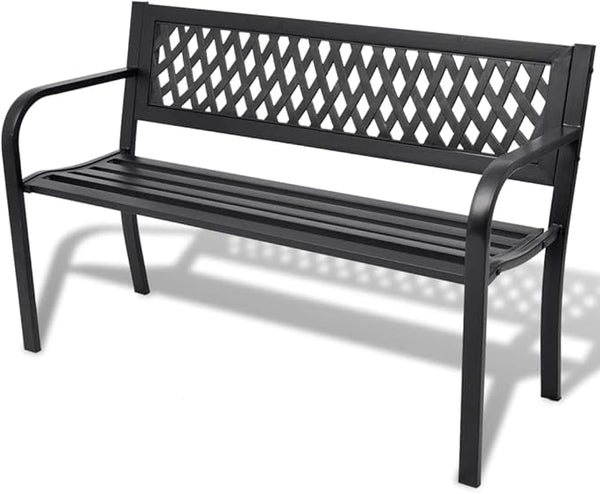 Black Steel Frame 2-Seater Durable Garden Bench with PVC Backrest for Outdoor Patio and Balcony Seating Rectangular Design