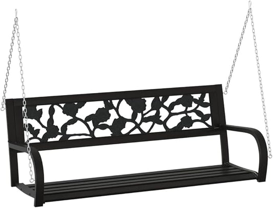 Black Steel and Plastic Garden Swing Bench with Rose Pattern Backrest, Outdoor Seating for Patio Balcony, Durable Weather-Resistant Construction, Comfortable for Two Adults,