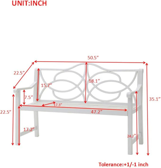 Outdoor Patio Garden Bench, Iron Metal Steel Park Bench with Backrest and Armrest, Slatted Seat for Yard Porch Balcony, Accommodates 2-3 People, White