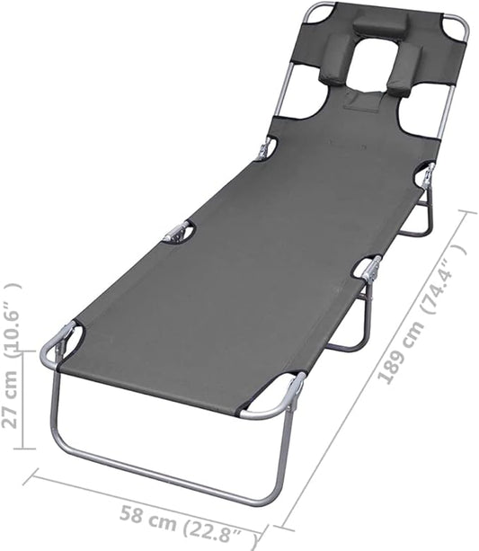Folding Grey Outdoor Lounge Chair 74.4" 600D Oxford Chaise Adjustable Backrest Steel Frame 265 lb Portable for Garden Patio Pool