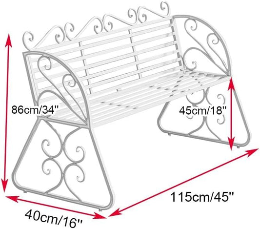 Elegant Metal Garden Bench, Sturdy Wrought Iron Bench with Decorative Design, Weather-Proof, 2-Person Capacity for Garden Backyard Lawn Porch Path(White)