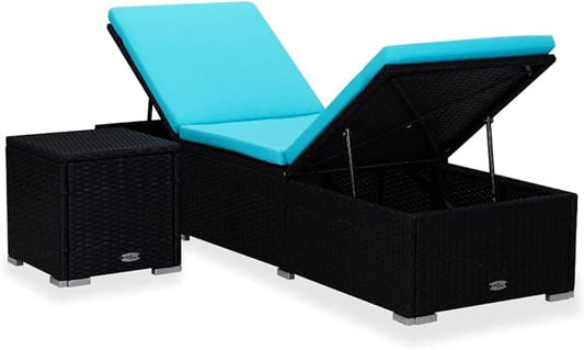 Sun Lounger with Cushion and Tea Table, PE Rattan and Powder-Coated Steel Frame, Polyester Fabric, Adjustable Backrest, Outdoor Patio Poolside Furniture for Adults, Black