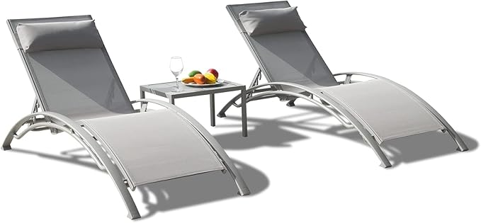 Domi Pool Lounge Chair Set of 3, Outdoor Chaise Lounge with Side Table, Adjustable Garden Aluminum Reclining Chair for Pool Beach Sunbathing Chair (Gray)