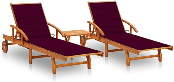 Wooden Sun Lounger Set with Red Cushions, Acacia Wood Lounge & Side Table - Photo 1