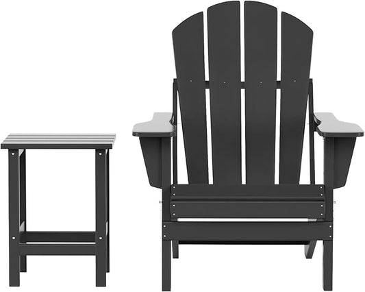 WestinTrends Malibu 2-Pieces Adirondack Chair Set with Side Table, All Weather Outdoor Seating Plastic Patio Lawn Chair Folding for Outside Porch Deck Backyard, Gray