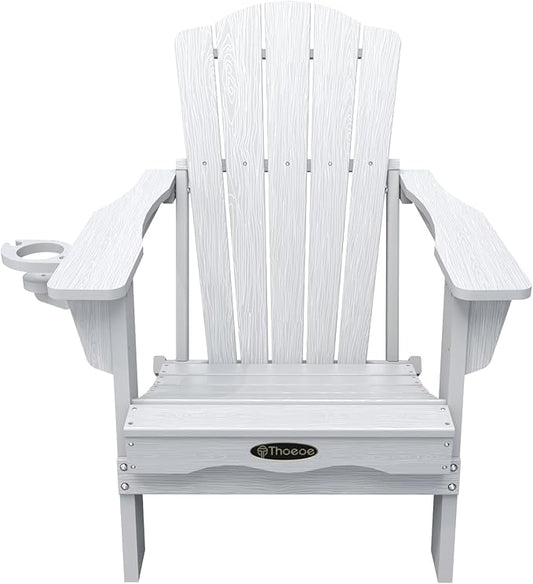 Folding Adirondack Chair Set of 8,HDPE All-Weather Outdoor Chair with Cup Holder,Wooden Textured,Fire Pit Chair,Plastic Patio Chair for Deck,Backyard,Garden,Lawn(White)