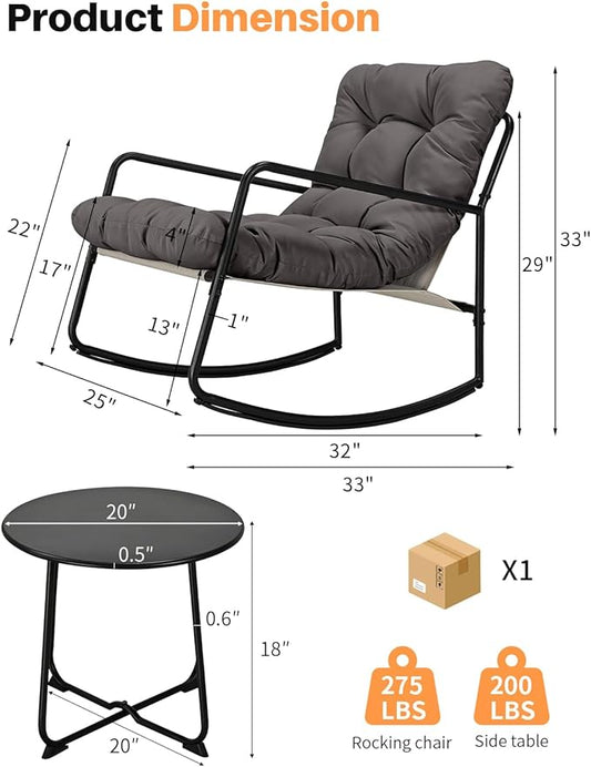 Outdoor Rocking Chair Set, 2-Piece Metal Patio Bistro Set with Patio Rocker Chair and Round Side Table, Outdoor Papasan Chair with Padded Cushion for Living Room, Apartment, Indoor, Dark Grey