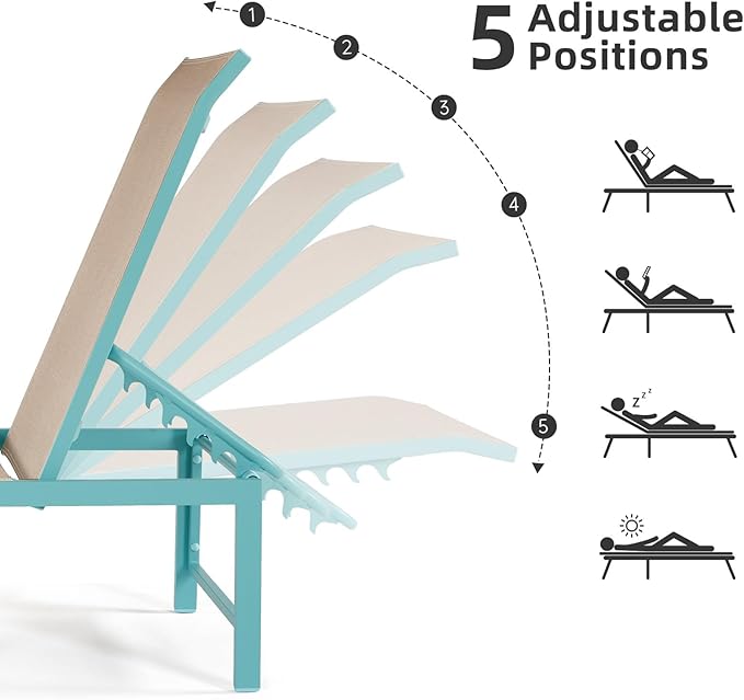 Outdoor Pool Lounge Chairs, Aluminum Patio Lounge Chairs, Five-Position Recliner Loungers for Poolside Yard Balcony Deck Beach (Blue,1PCS)