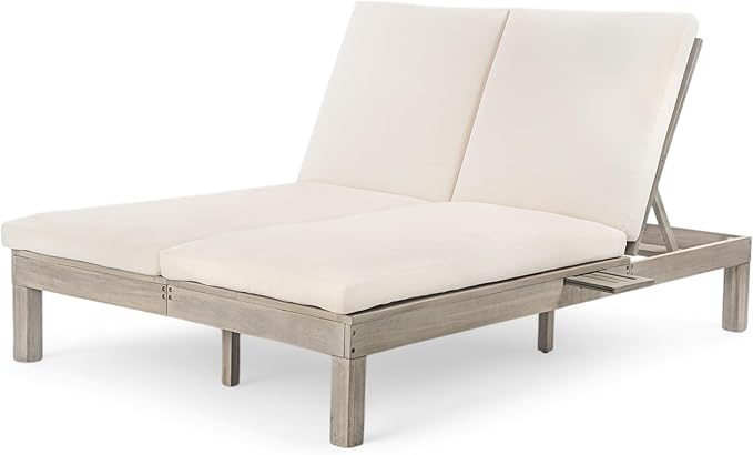 Merax Double Chaise Lounge Outdoor, 2-Person Acacia Wood Patio Daybed with 5-Position Adjustable Backrest and Folding Side Trays, Outside Furniture with Thick Cushions for Porch Poolside Garden,Grey